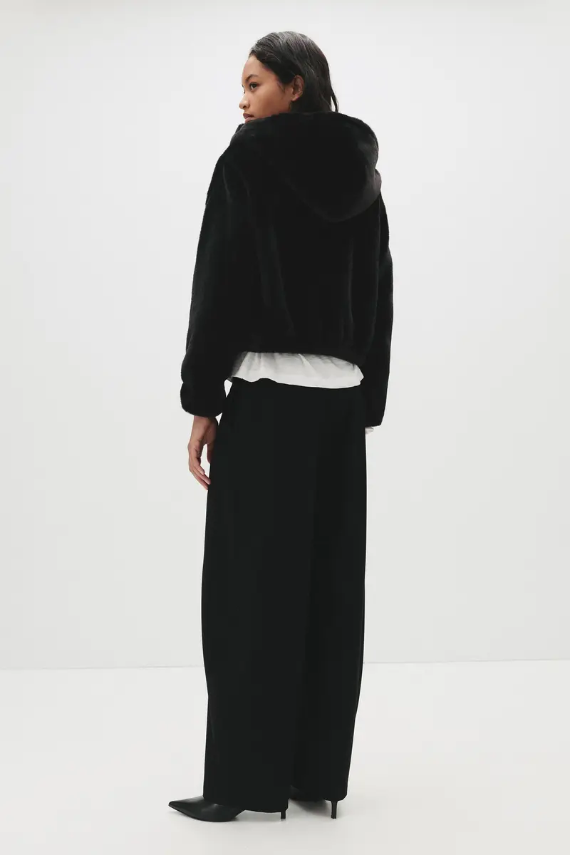 Giacca Pelliccia Sintetica Cappuccio Nero miniatura 2