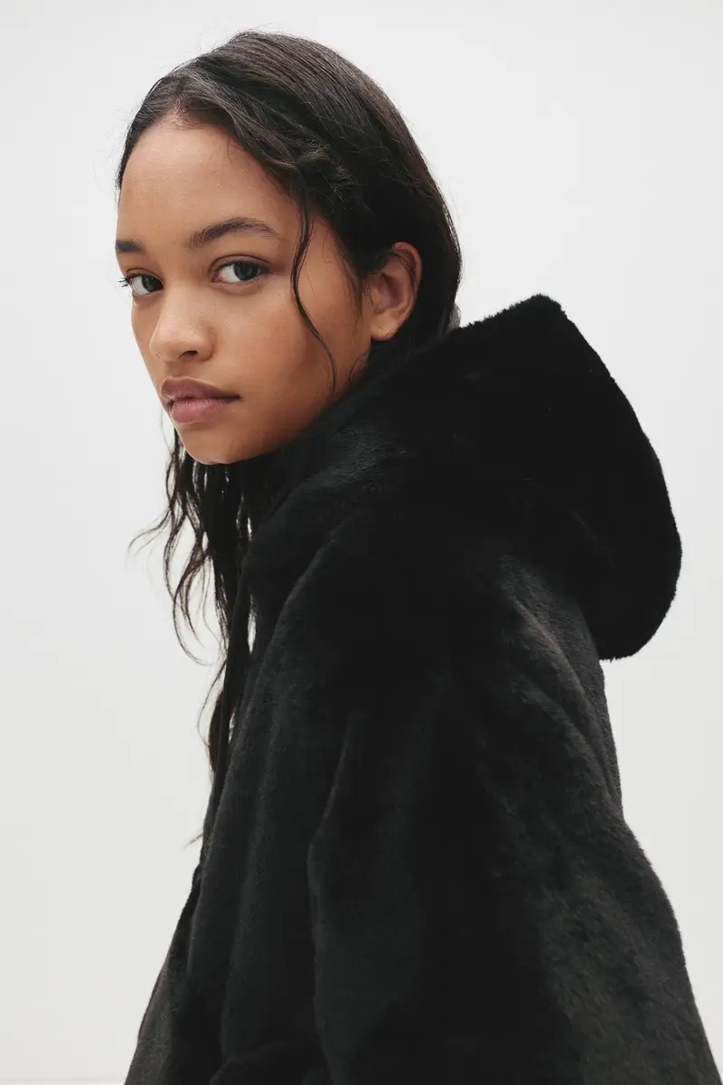 Giacca Pelliccia Sintetica Cappuccio Nero miniatura 3