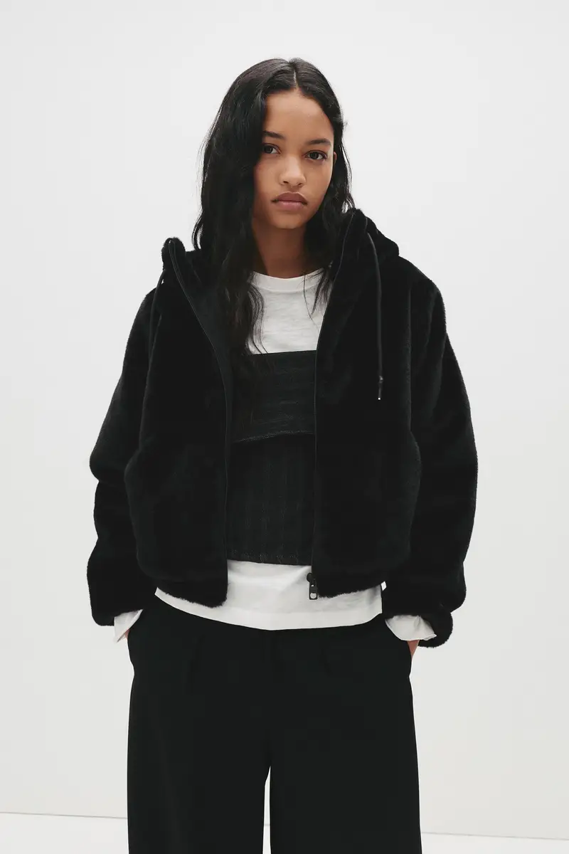 Giacca Pelliccia Sintetica Cappuccio Nero