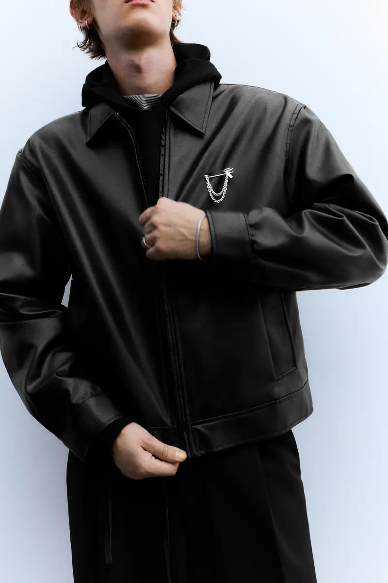 Giacca Trucker Finta Pelle Nero miniatura 3