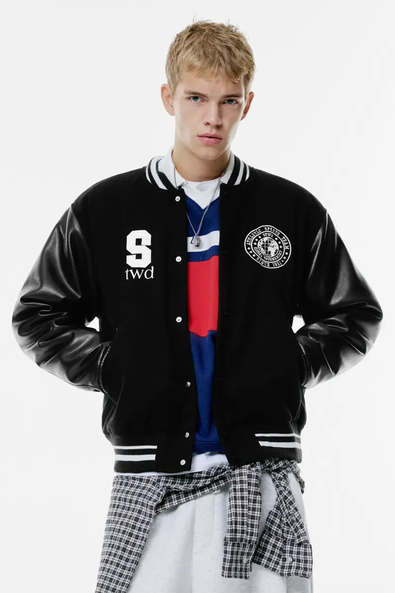 Giacca Varsity Ricamata Nero miniatura 3