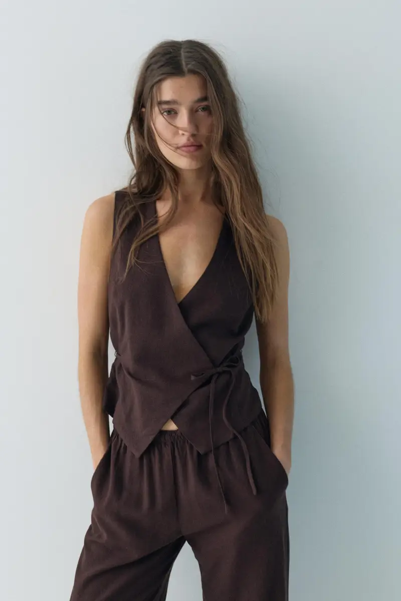 Gilet Misto Lino Marrone miniatura 2