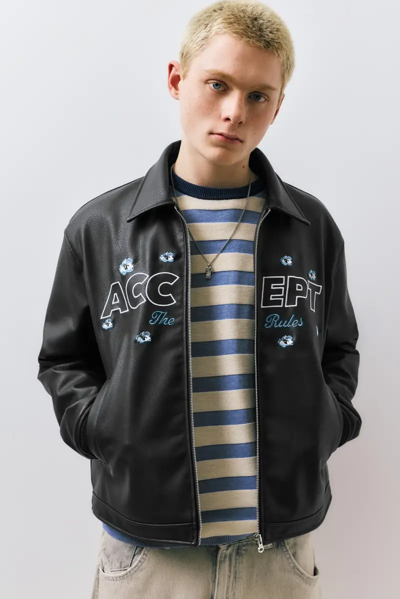 Giubbotto Finta Pelle Fiori Nero miniatura 2