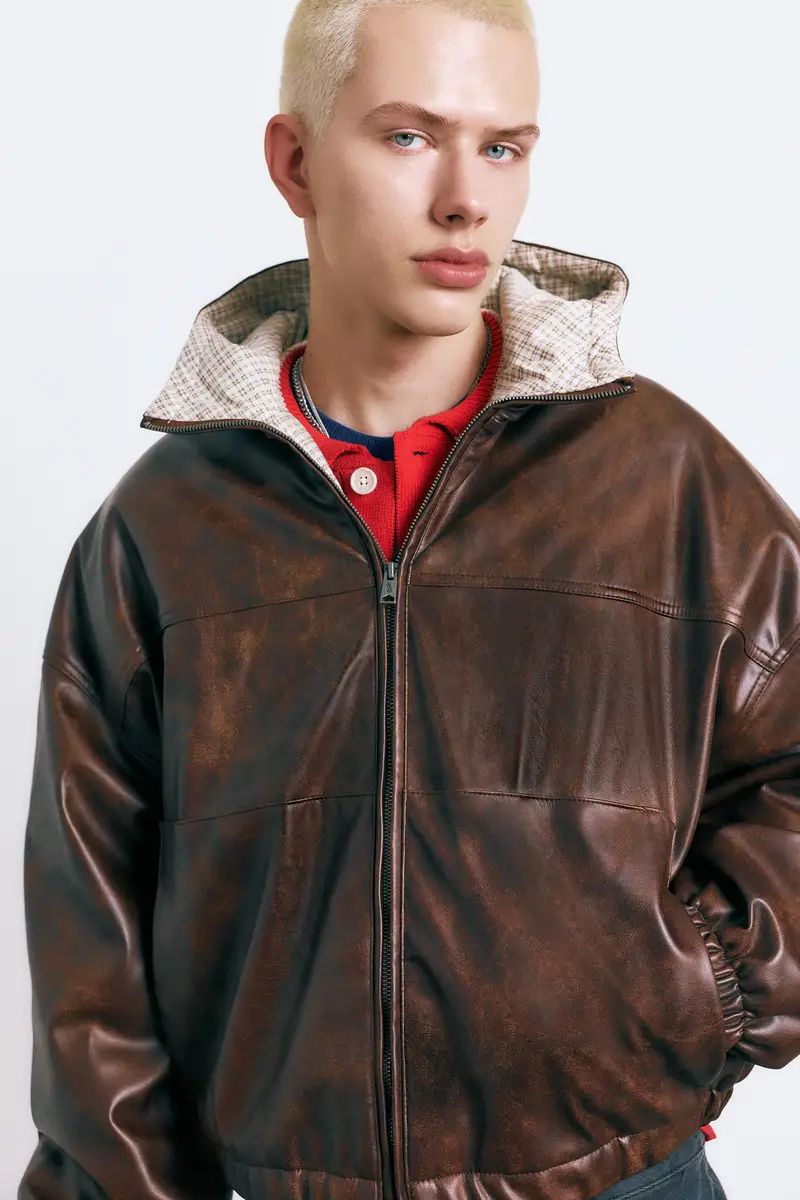 Giubbotto In Finta Pelle Effetto Invecchiato Marrone miniatura 3