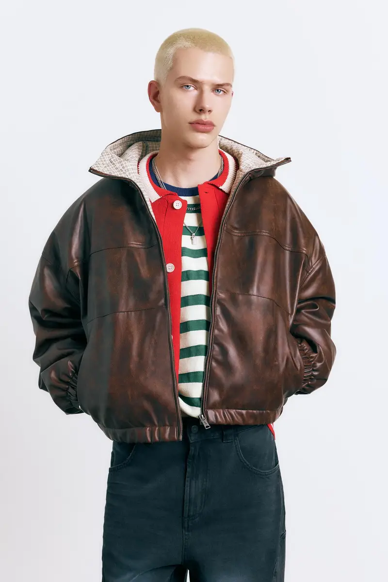 Giubbotto In Finta Pelle Effetto Invecchiato Marrone