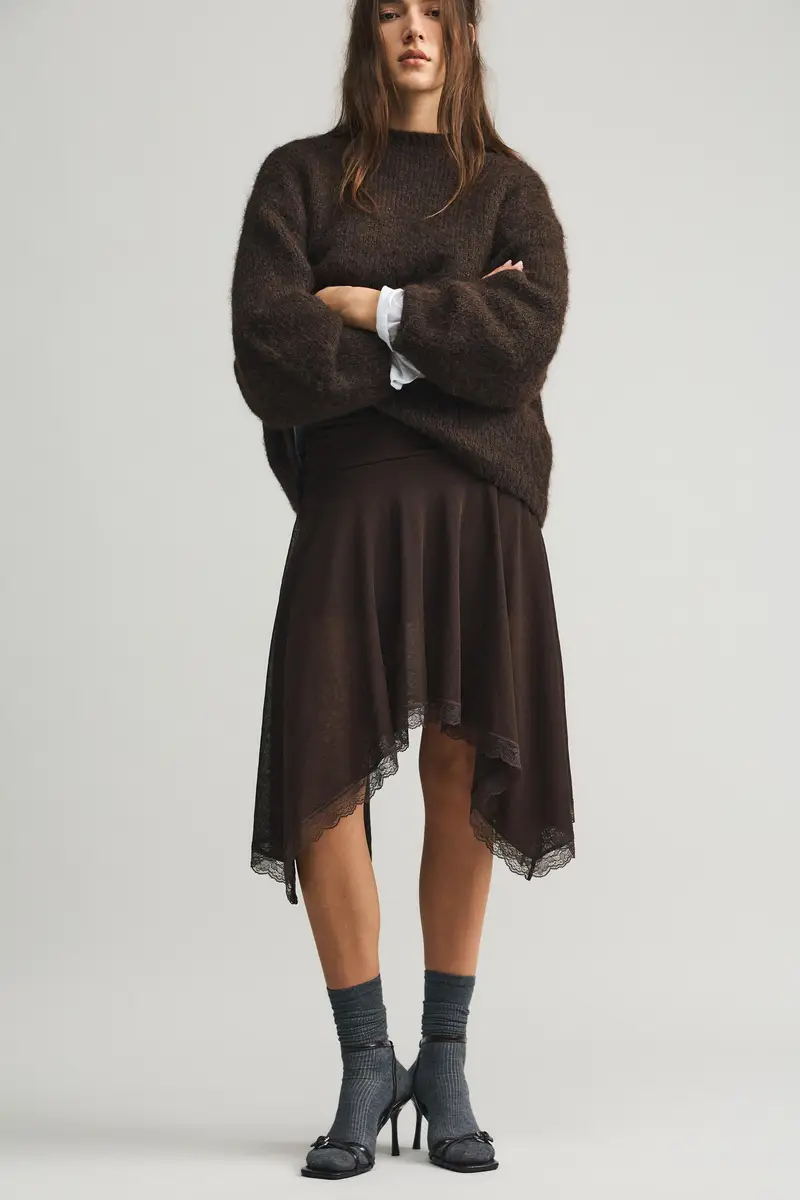 Gonna Midi Asimmetrica In Pizzo Marrone miniatura 2