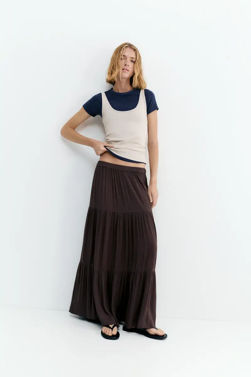 Gonna Midi Fluida A Pannelli Marrone miniatura 2