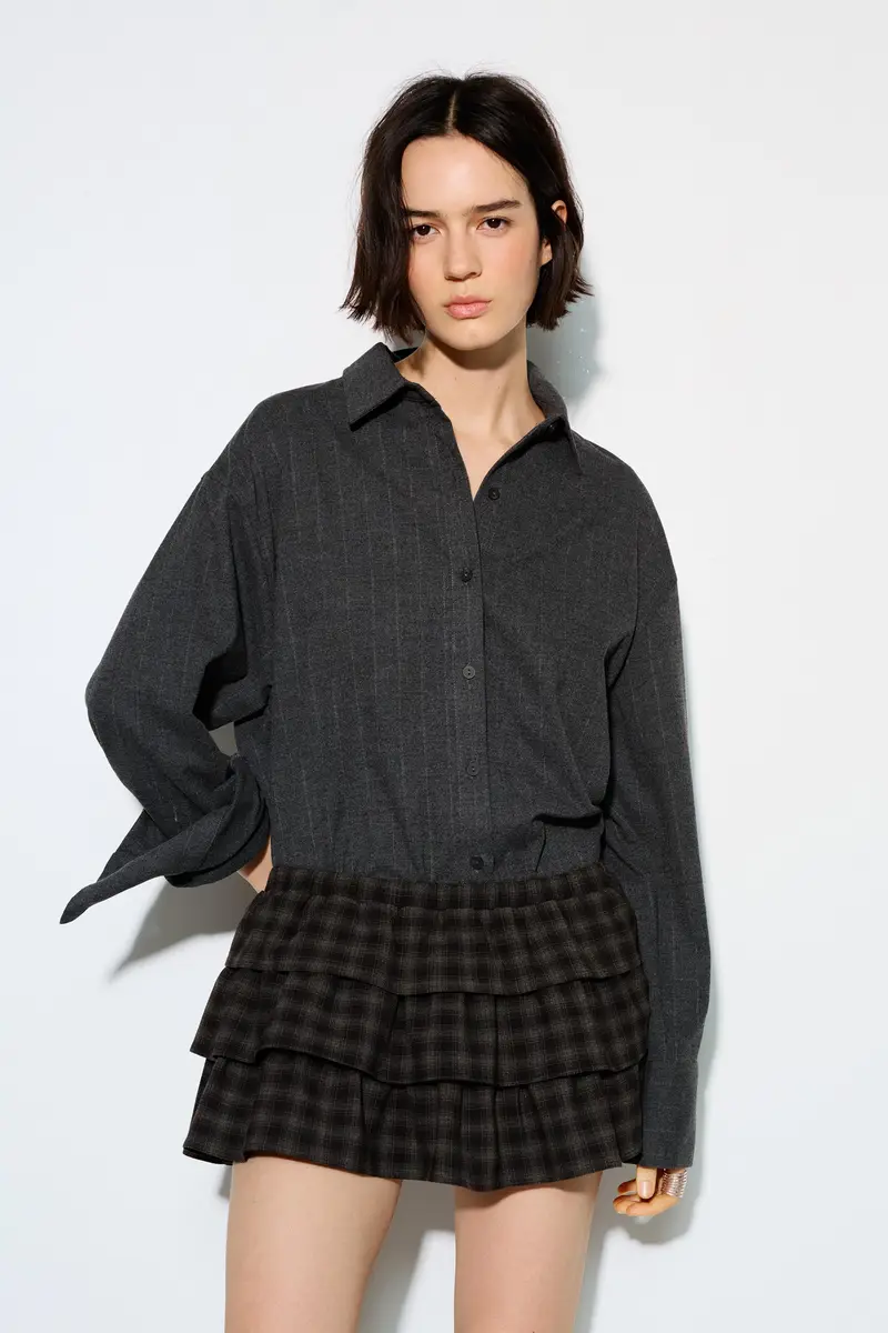 Gonna Pantalone A Quadri Con Volant Grigio miniatura 2