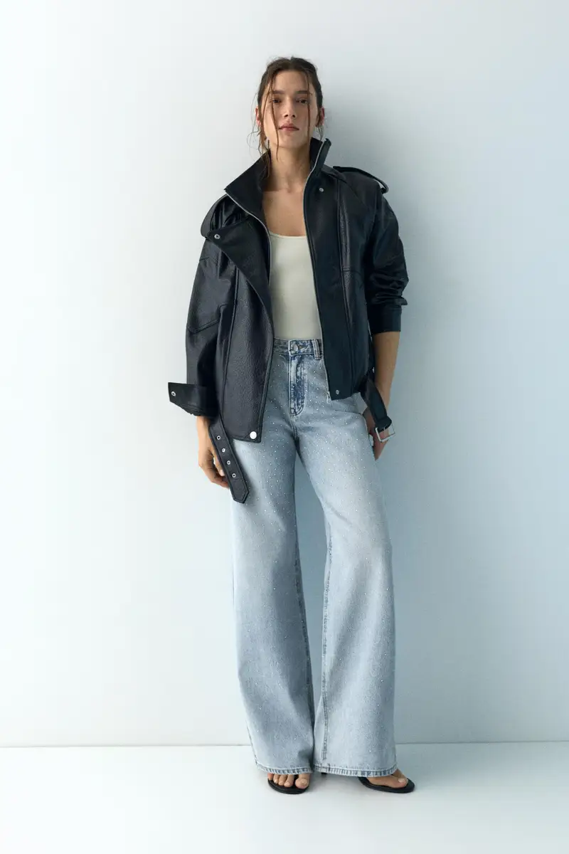 Jeans Baggy Dritti Con Strass Azzurro chiaro miniatura 2