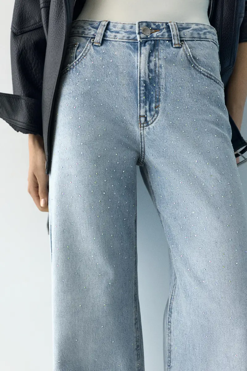 Jeans Baggy Dritti Con Strass Azzurro chiaro