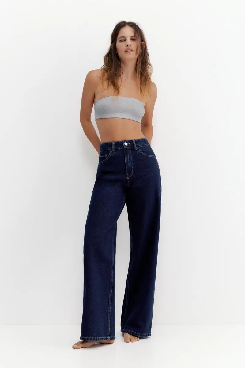 Jeans Gamba Larga Vita Alta Blu marino