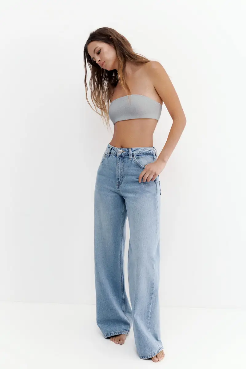 Jeans Gamba Larga Vita Alta Celeste