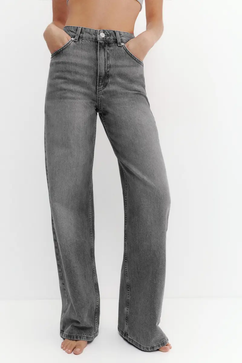 Jeans Gamba Larga Vita Alta Grigio medio miniatura 2