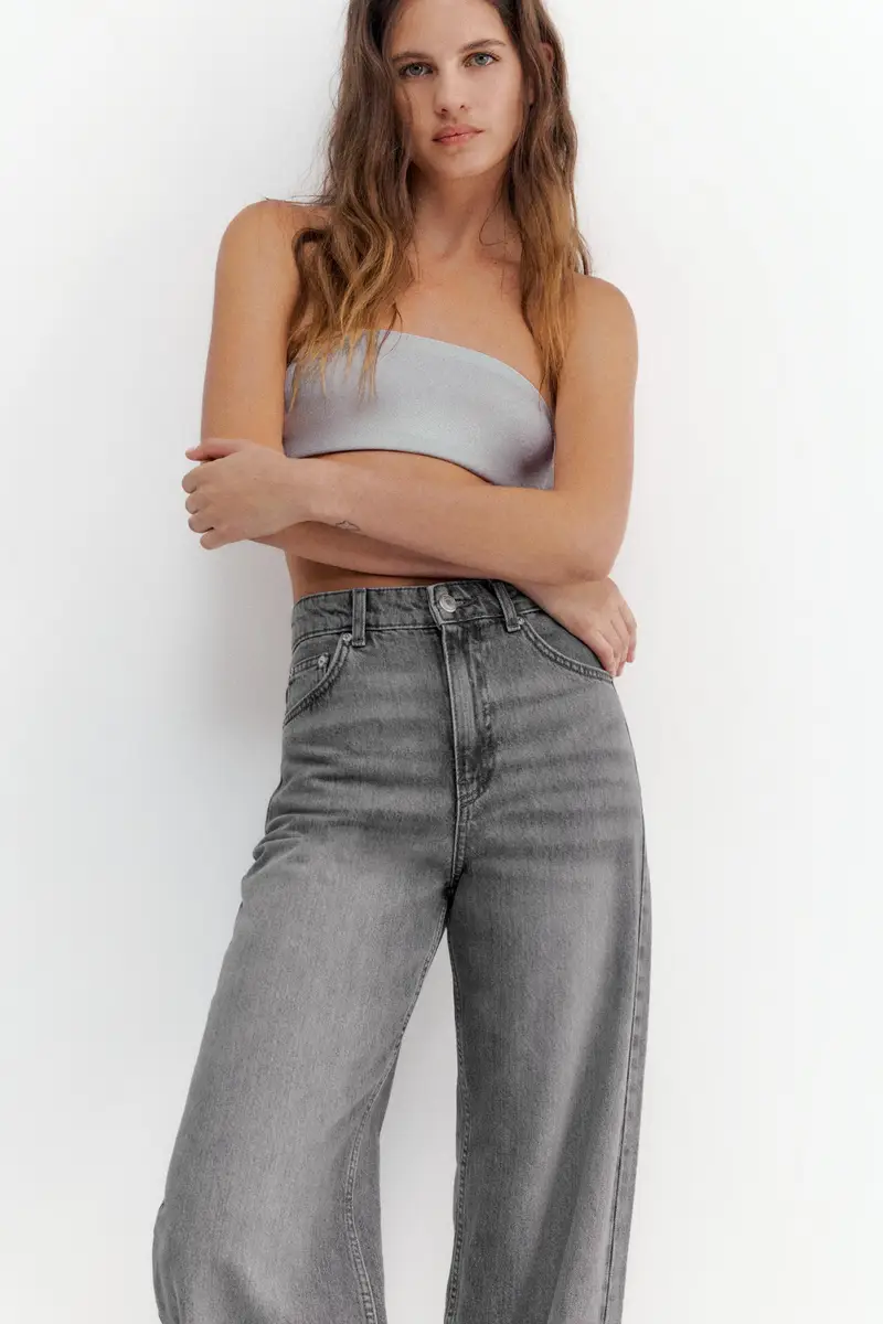 Jeans Gamba Larga Vita Alta Grigio medio miniatura 3