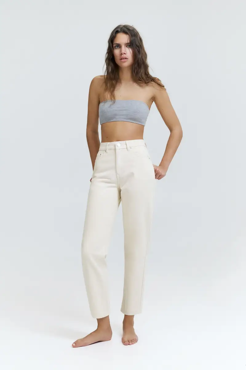 Jeans Mom Fit A Vita Alta Beige chiaro