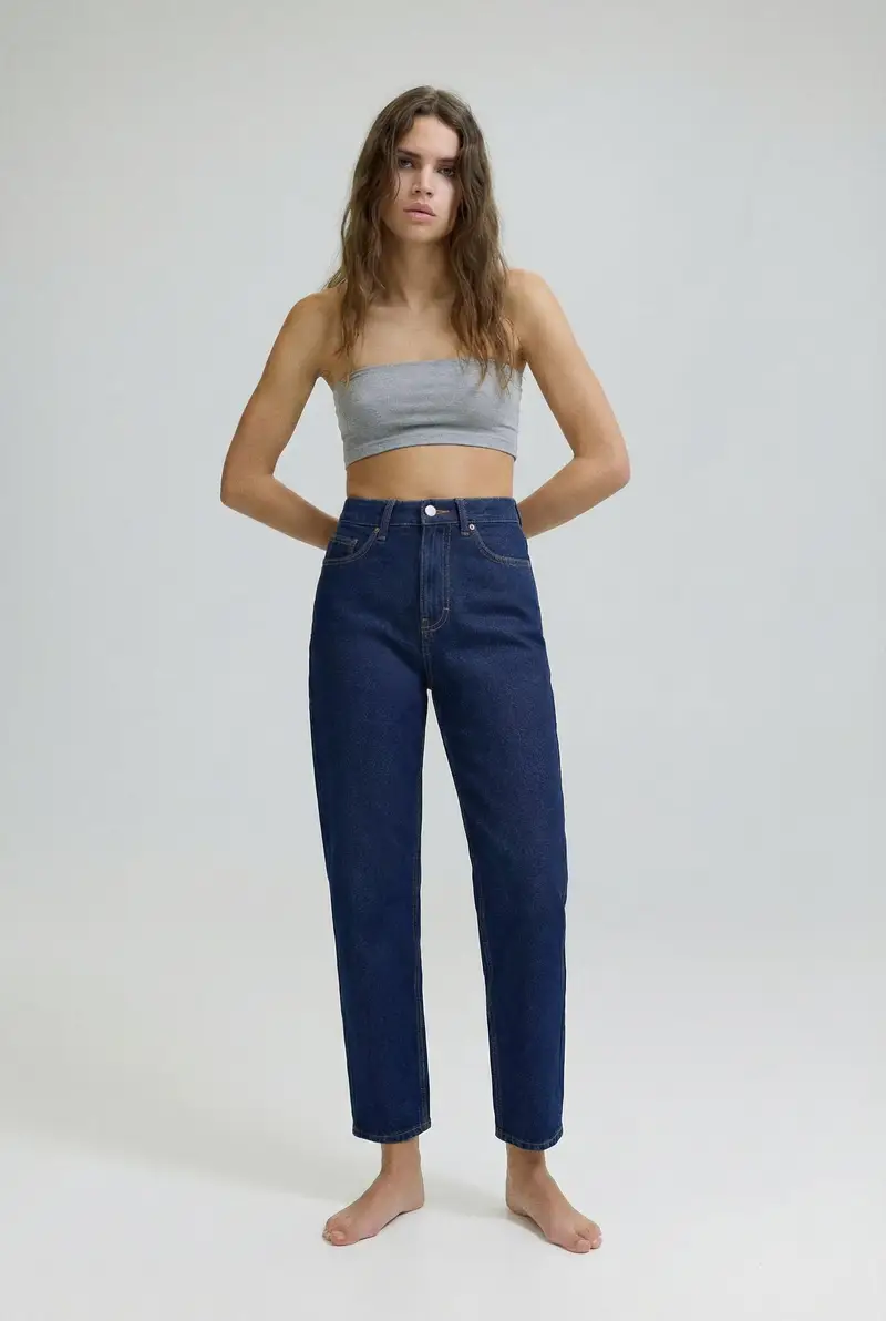 Jeans Mom Fit Vita Alta Blu marino miniatura 2