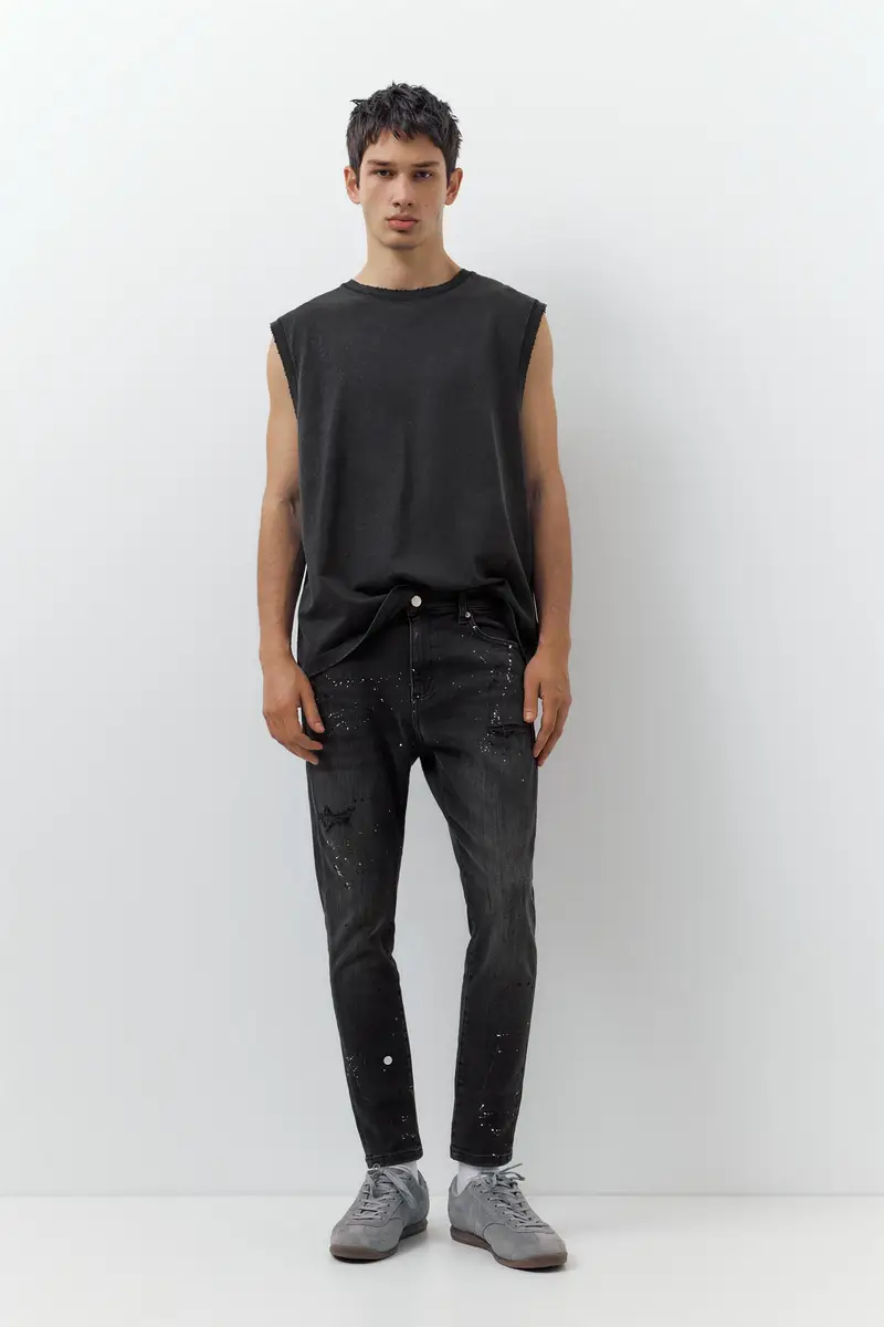 Jeans Skinny Strappati Nero lavato