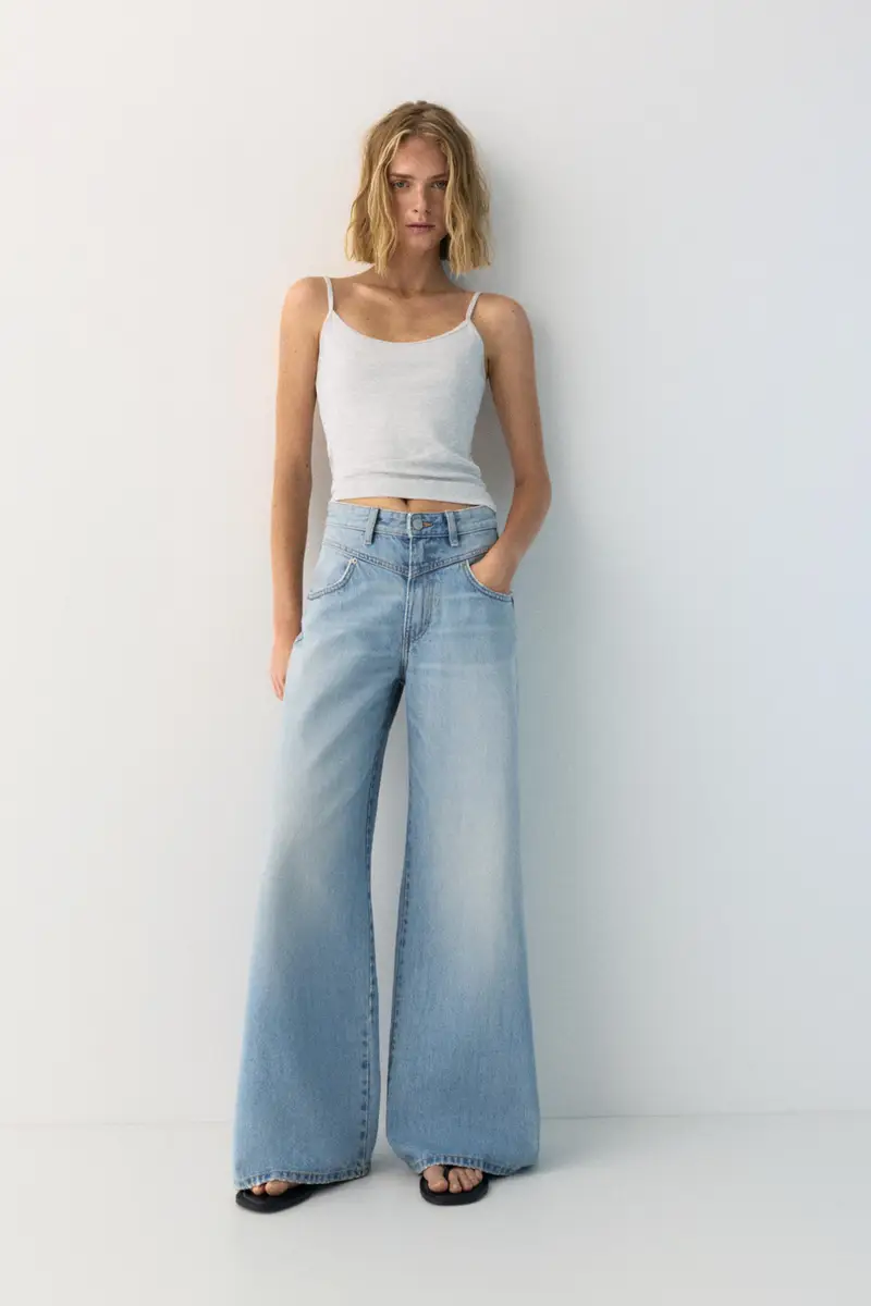 Jeans Super Gamba Larga Cuciture Azzurro chiaro