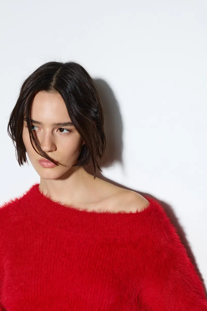 Maglia Asimmetrica Pelliccia Sintetica Rosso miniatura 3