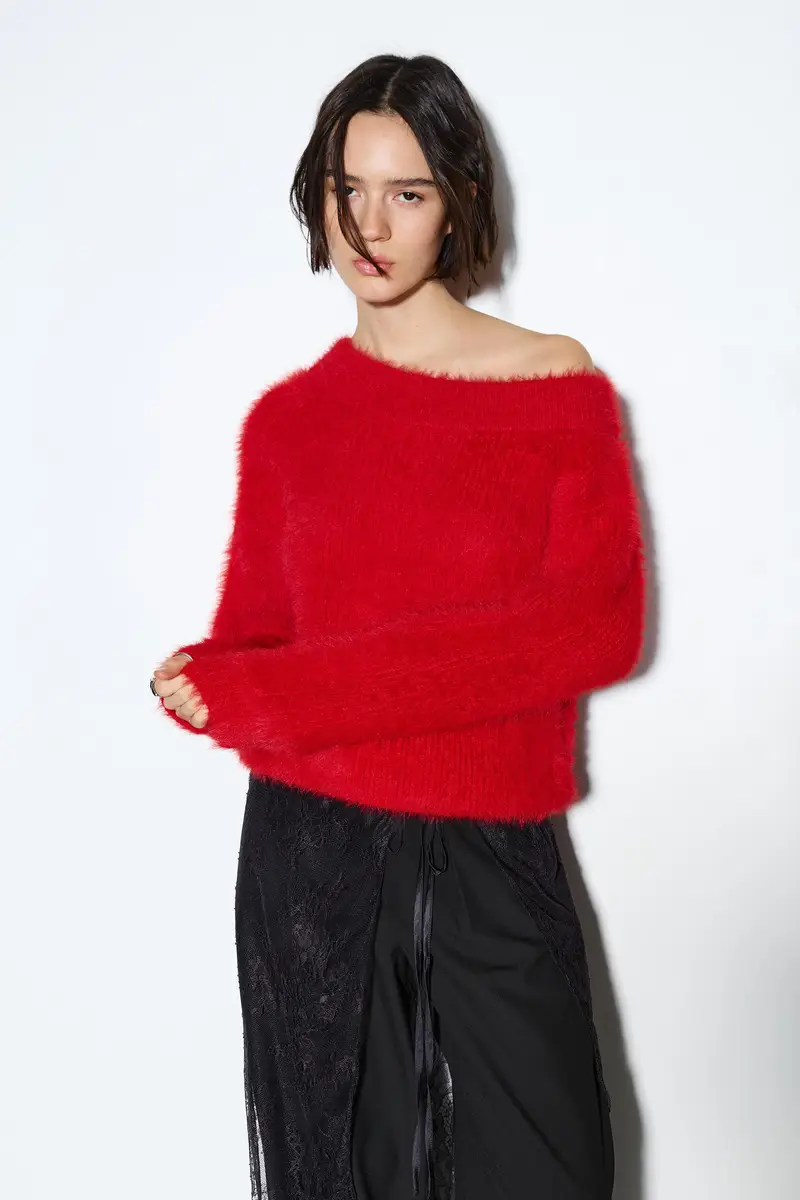 Maglia Asimmetrica Pelliccia Sintetica Rosso