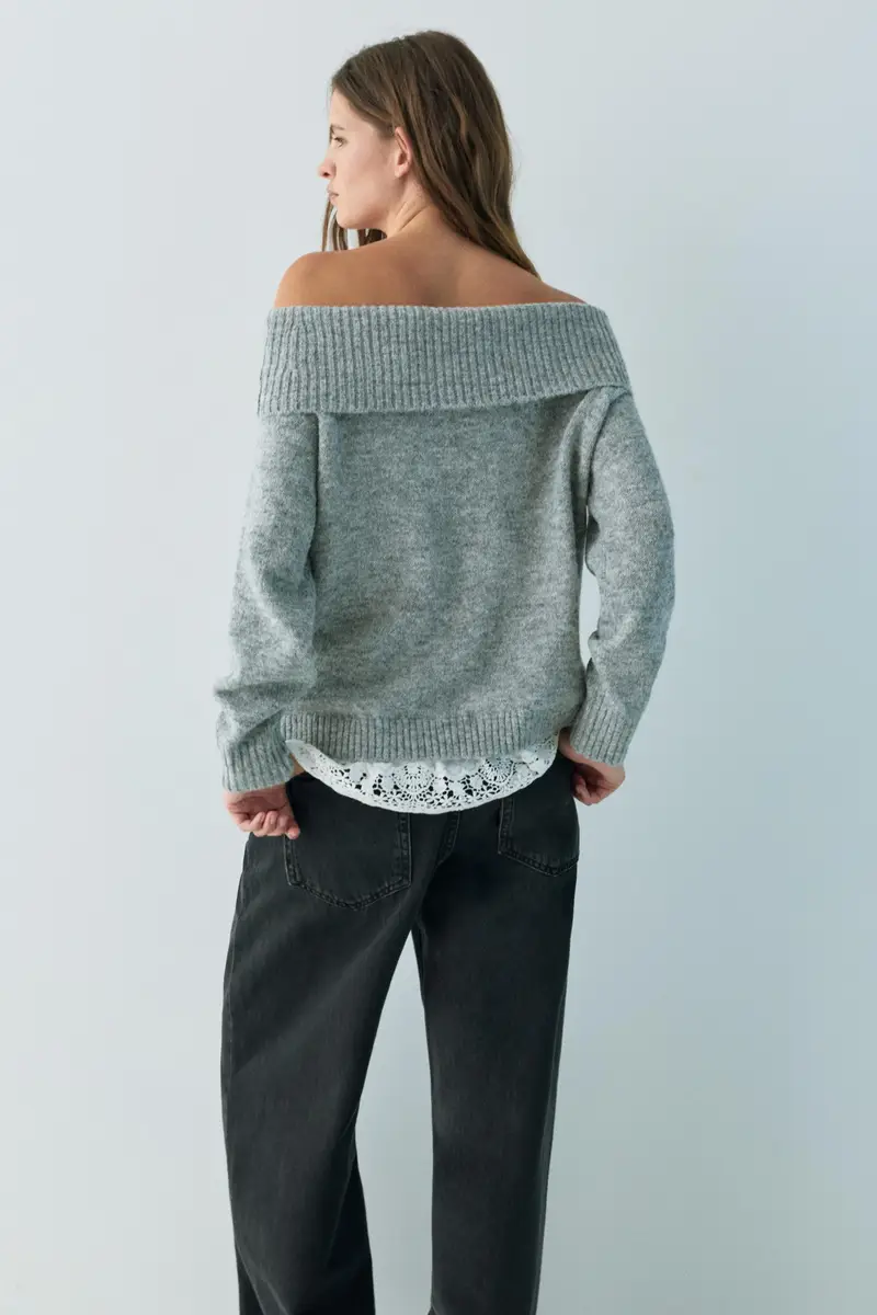 Maglia Bardot In Pizzo Combinato Grigio vigoré miniatura 2