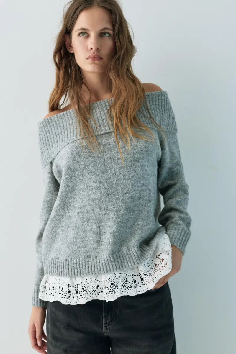 Maglia Bardot In Pizzo Combinato Grigio vigoré