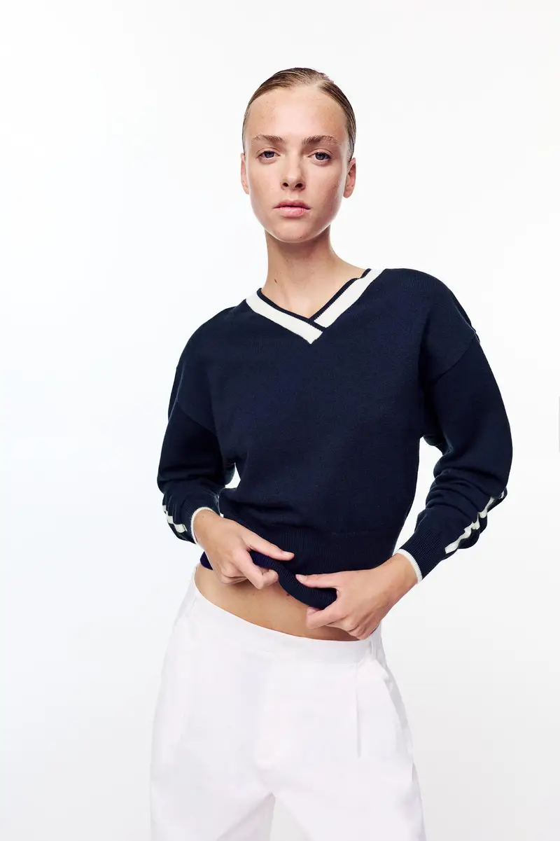 Maglia Con Scollo A V A Coste Blu marino miniatura 2