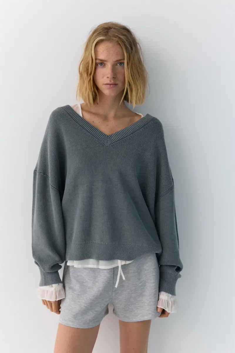 Maglia Con Scollo A V Grigio azzurrato