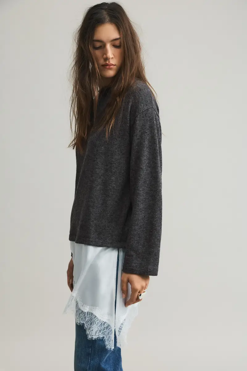 Maglia Fine In Pizzo Combinato Grigio oscuro miniatura 2