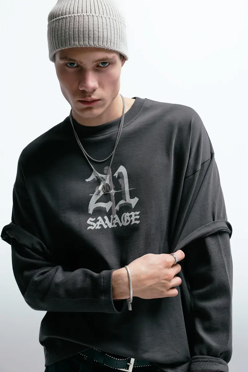 Maglietta 21 Savage A Doppio Strato Grigio oscuro