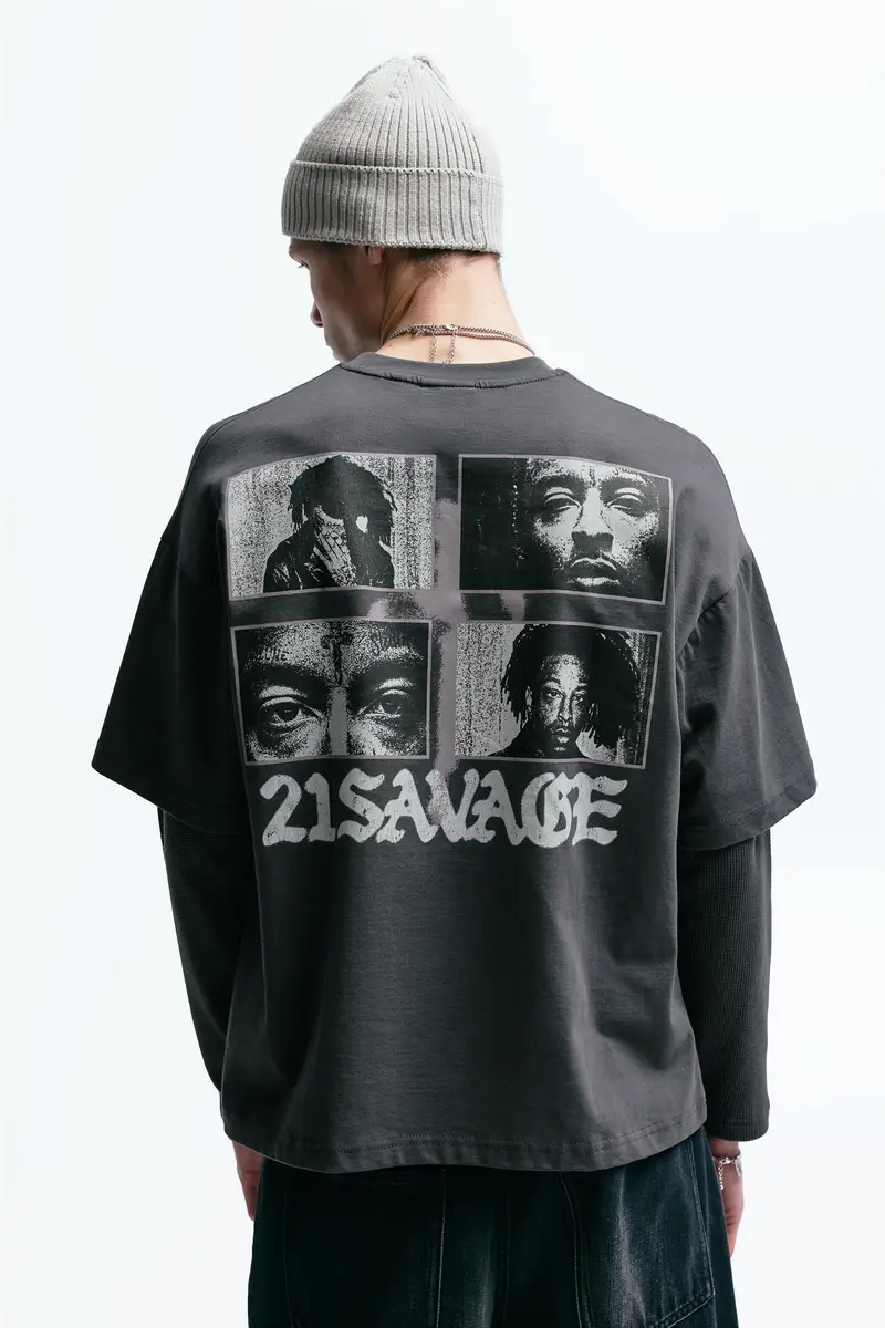 Maglietta 21 Savage A Doppio Strato Grigio oscuro miniatura 3