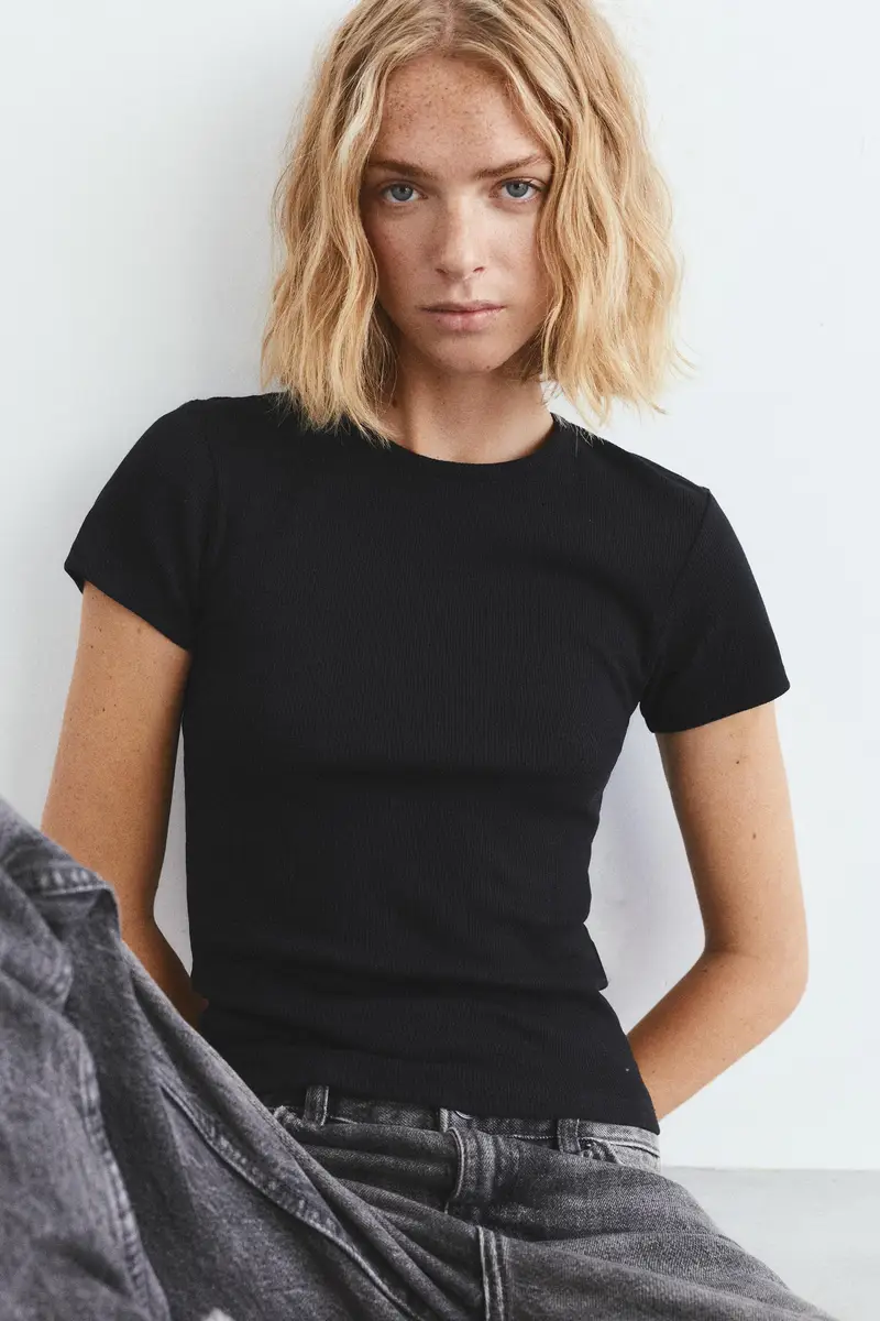 Maglietta A Costine A Maniche Corte Nero miniatura 3