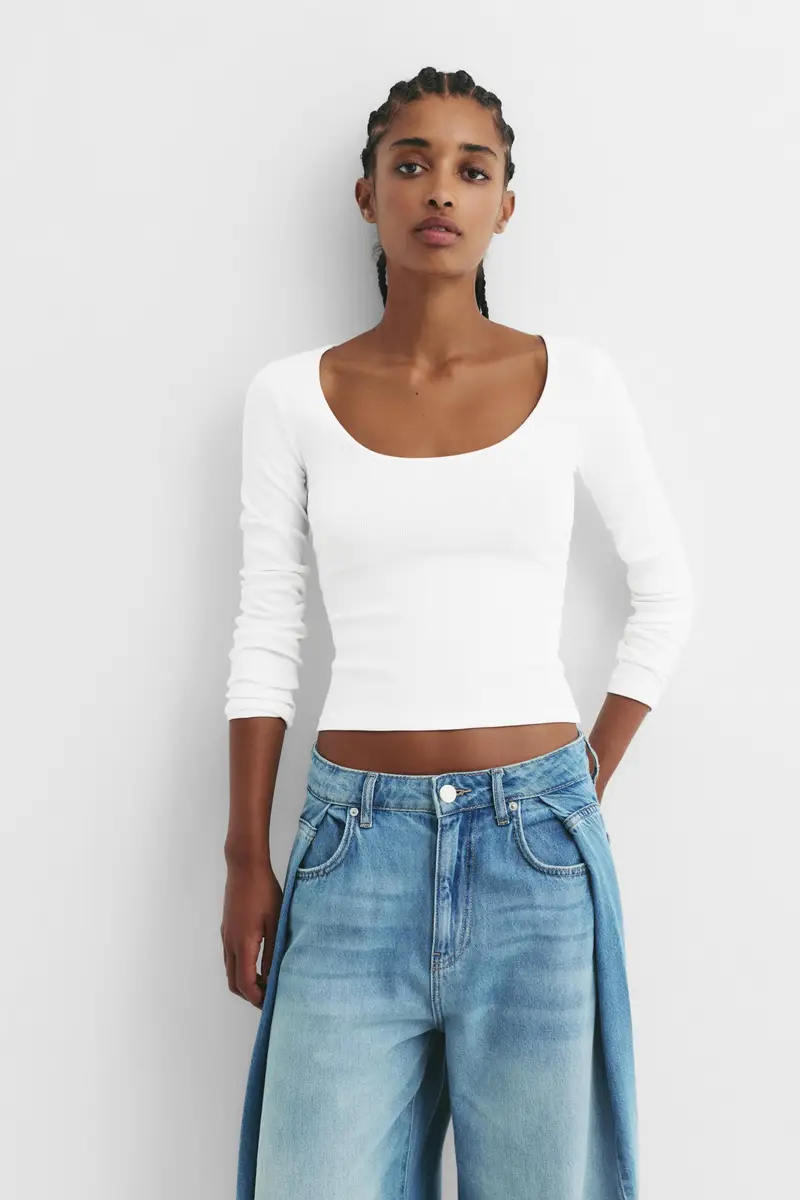 Maglietta A Costine Con Scollo Rotondo Bianco