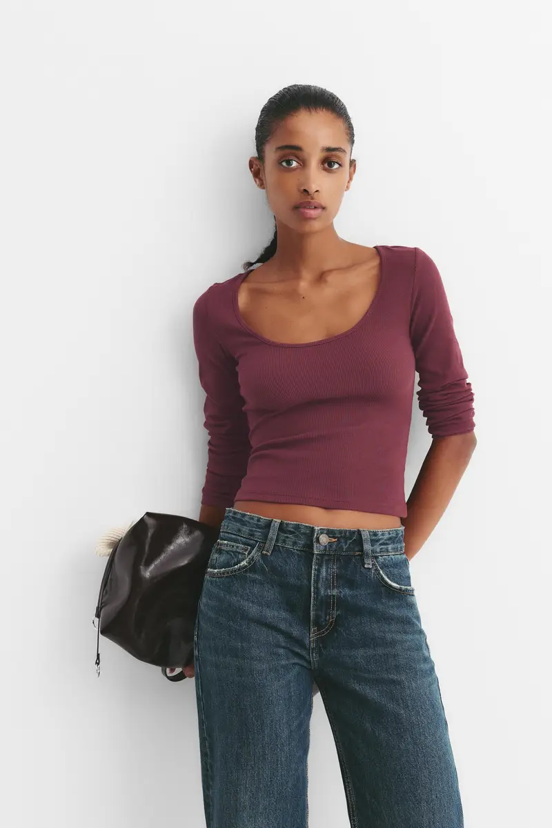 Maglietta A Costine Con Scollo Rotondo Burgundy miniatura 3