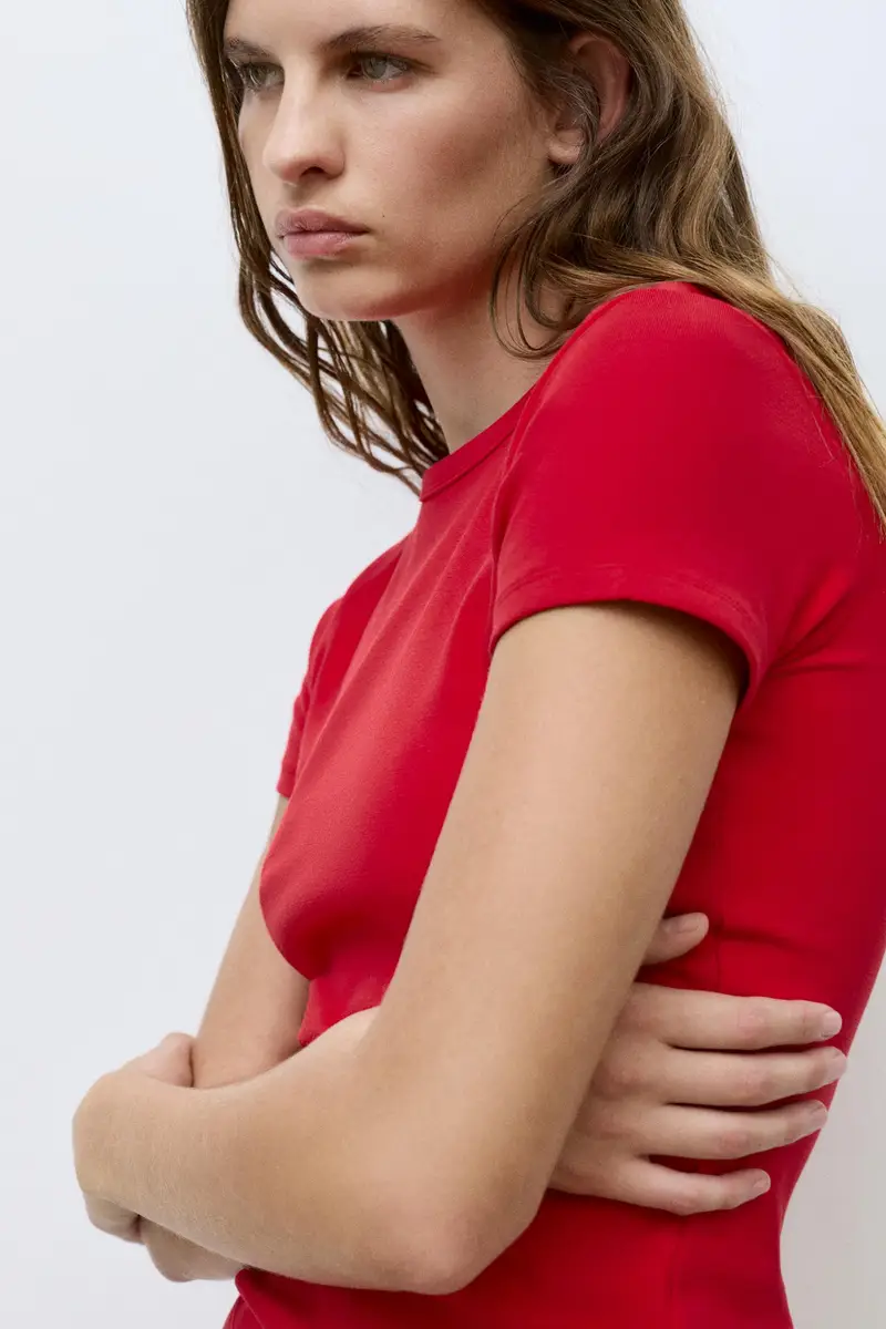 Maglietta A Maniche Corte Aderente Rosso miniatura 3