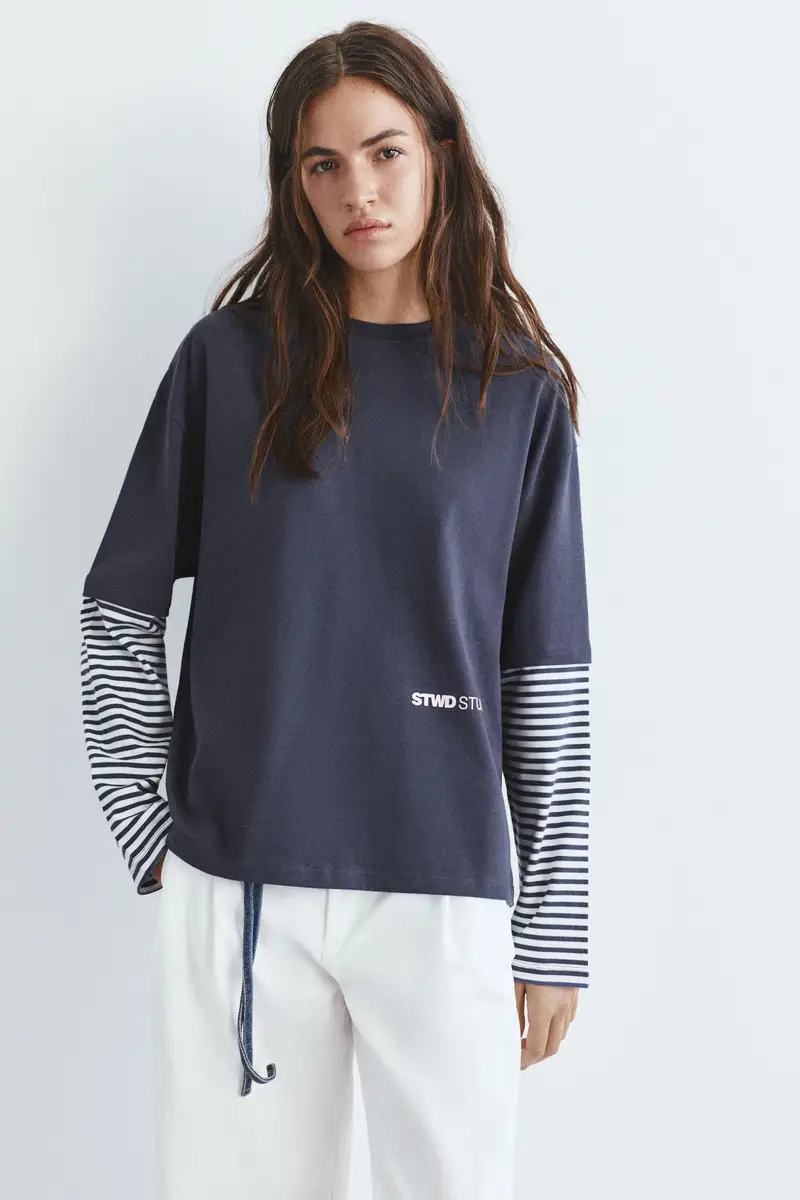 Maglietta A Maniche Doppie A Righe Blu marino miniatura 2