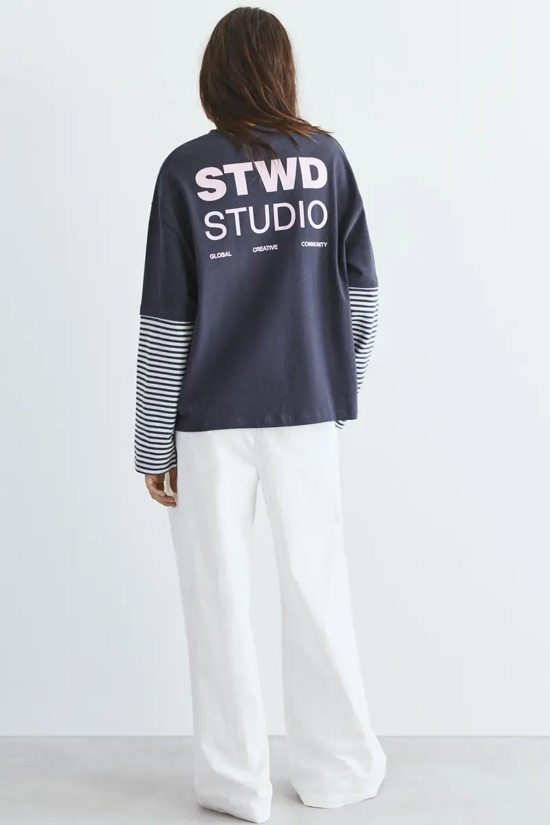 Maglietta A Maniche Doppie A Righe Blu marino miniatura 3