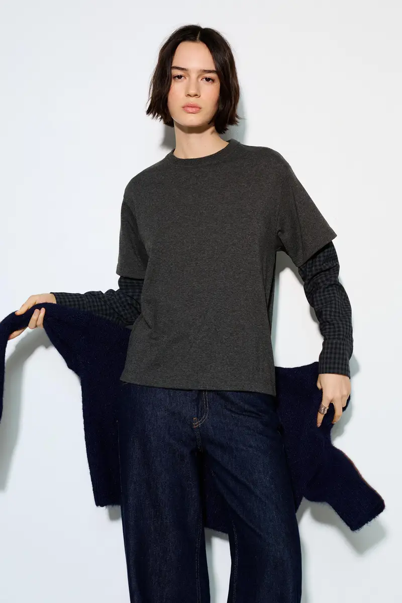 Maglietta A Maniche Lunghe A Quadri Grigio oscuro miniatura 2