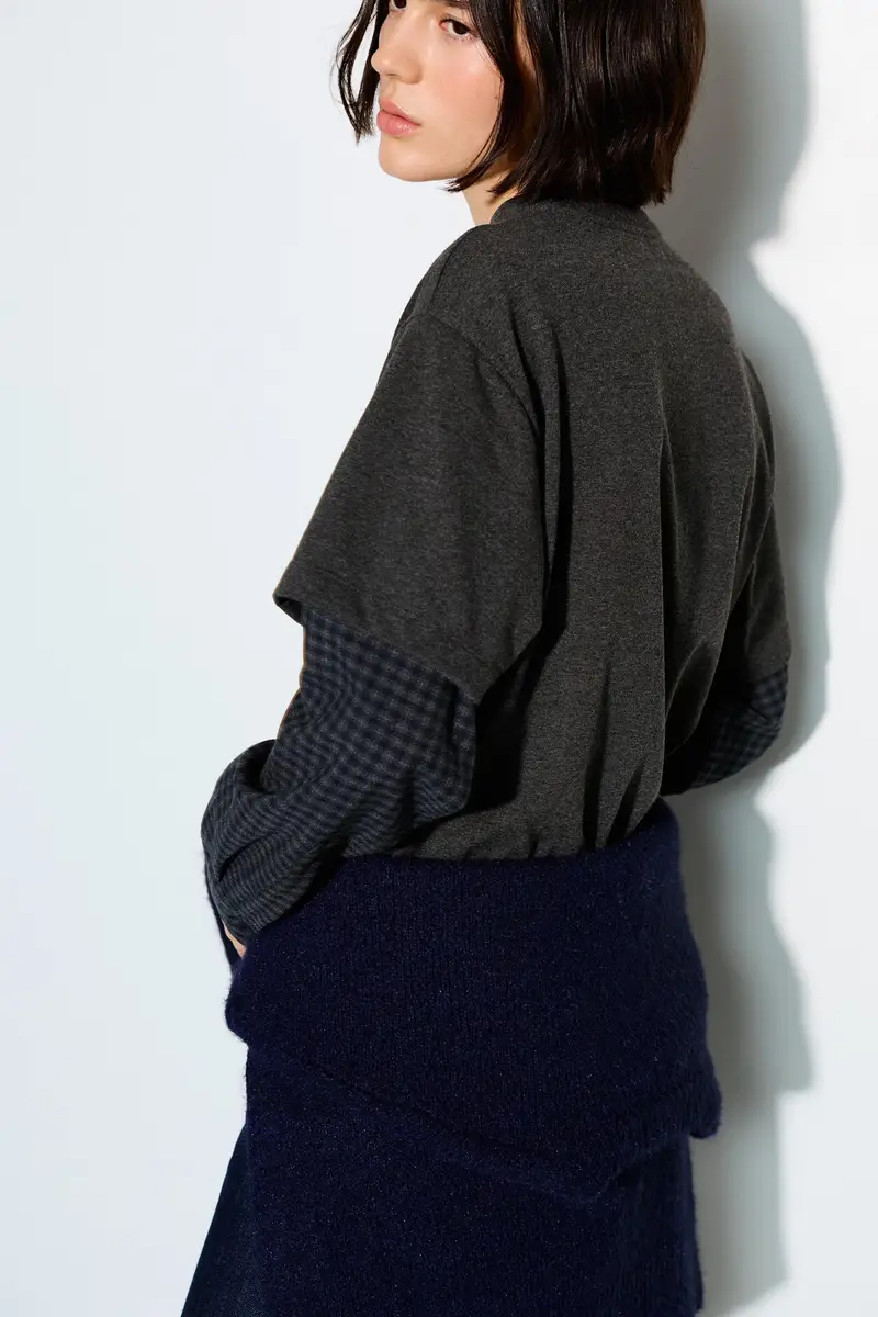 Maglietta A Maniche Lunghe A Quadri Grigio oscuro miniatura 3