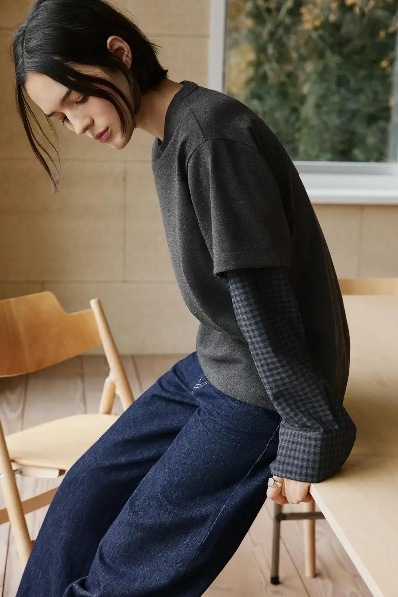 Maglietta A Maniche Lunghe A Quadri Grigio oscuro