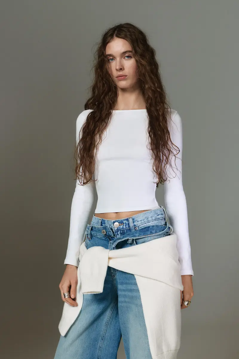 Maglietta A Maniche Lunghe Con Scollo A Barchetta Bianco miniatura 2