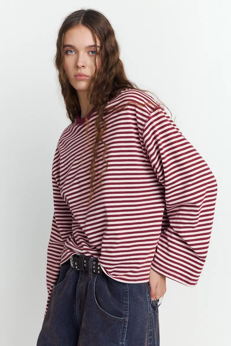 Maglietta A Righe A Maniche Lunghe Burgundy miniatura 2