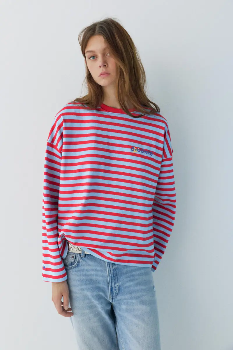 Maglietta A Righe Con Scritta Azzurro medio miniatura 2