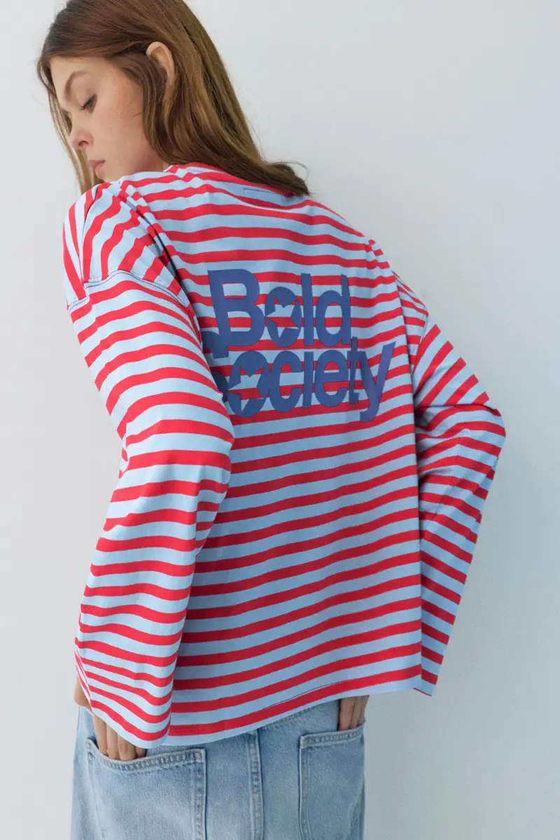 Maglietta A Righe Con Scritta Azzurro medio miniatura 3