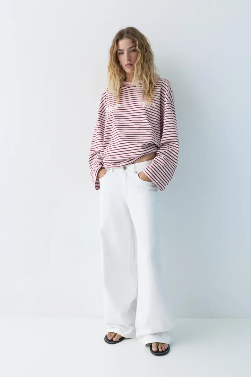 Maglietta A Righe Con Testo Rosa chiaro miniatura 3