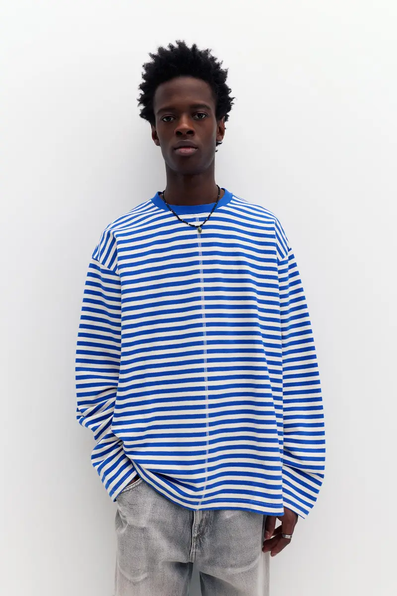 Maglietta A Righe Maniche Lunghe Azzurro miniatura 2