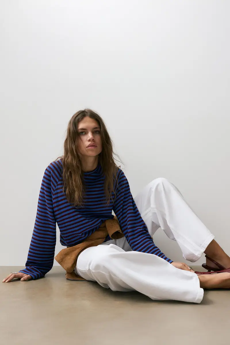 Maglietta A Righe Maniche Lunghe Azzurro profondo miniatura 2