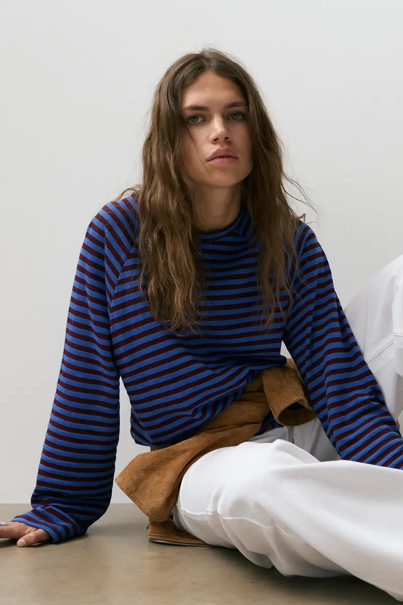 Maglietta A Righe Maniche Lunghe Azzurro profondo