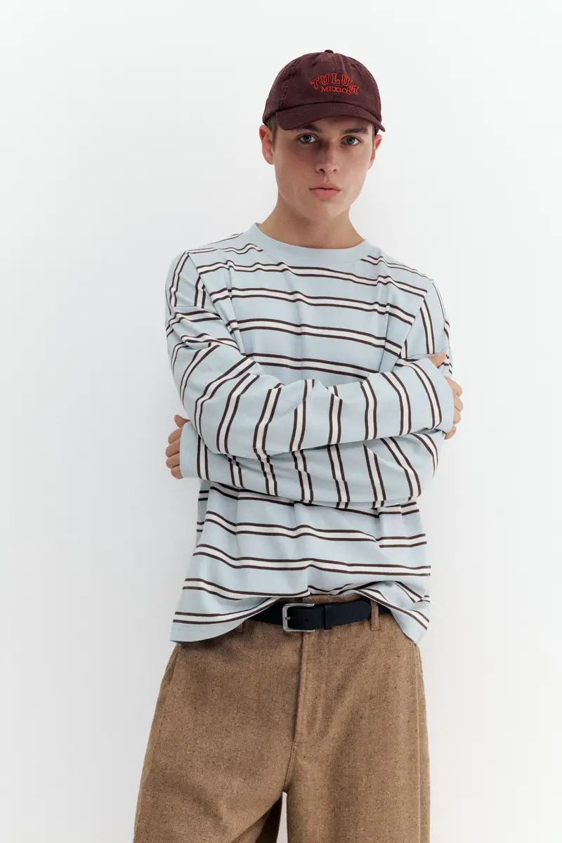 Maglietta A Righe Maniche Lunghe Celeste miniatura 2