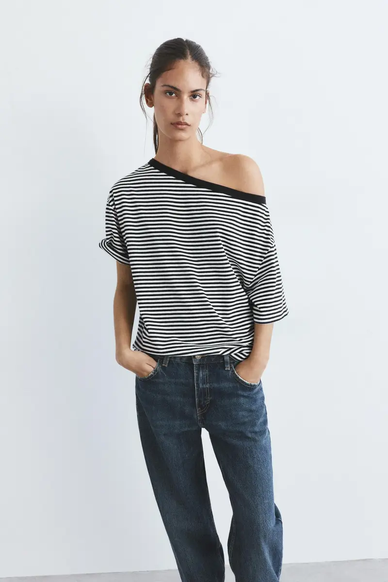 Maglietta Asimmetrica A Maniche Corte A righe